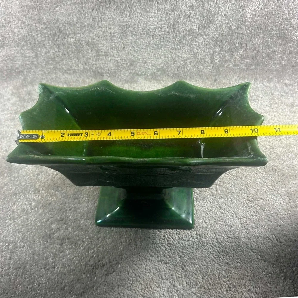 Pedestal Planter Green Scalloped Ceramic Centerpiece Bowl Vintage
